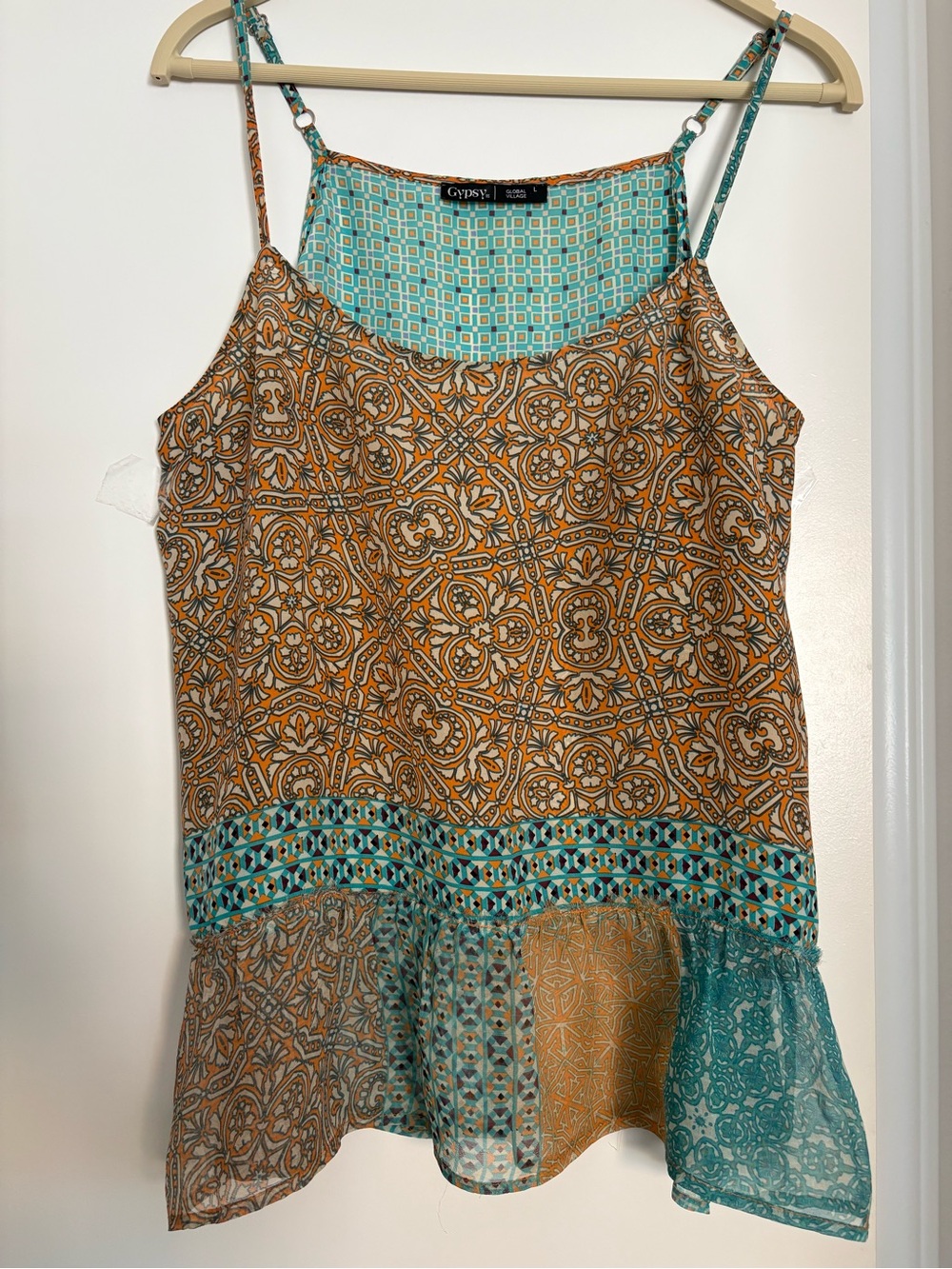 Gypsy 05 Silk Turquoise and Mustard Geometric Print Top